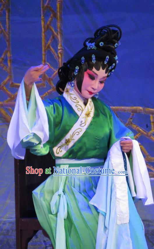 Chinese Cantonese Opera Country Woman Garment Wu Nv Bai Shou Costumes and Headdress Traditional Guangdong Opera Young Mistress Apparels Yang Sanchun Green Dress