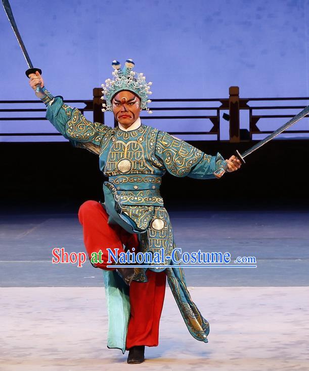 Liu Jinding Chinese Guangdong Opera Martial Male Apparels Costumes and Headwear Traditional Cantonese Opera Wusheng Garment Warrior Blue Clothing