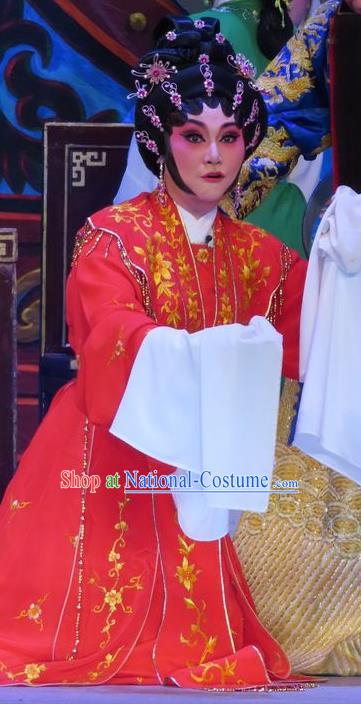 Chinese Cantonese Opera Young Female Garment Costumes and Headdress Traditional Guangdong Opera Diva Wang Meiniang Apparels Hua Tan Red Dress