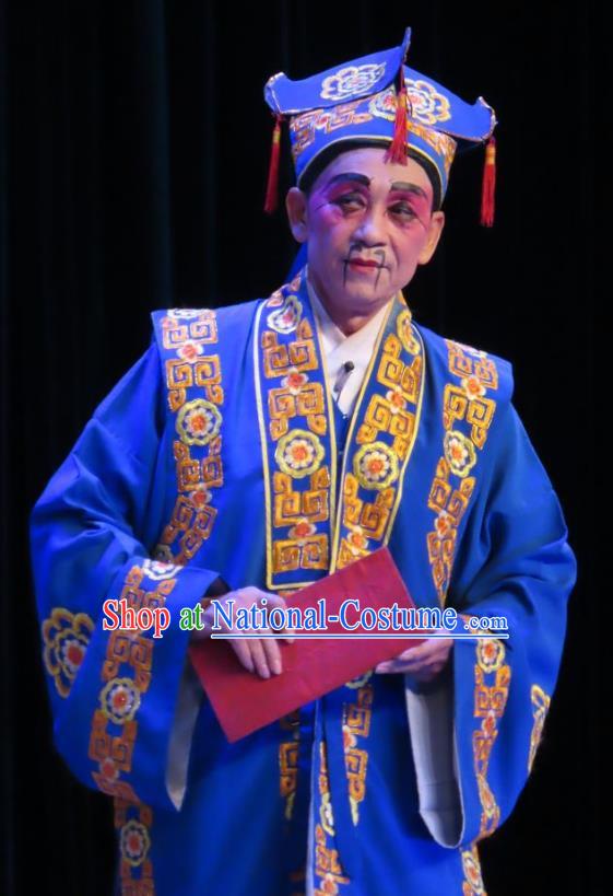 Chinese Guangdong Opera Rich Male Apparels Costumes and Headwear Traditional Cantonese Opera Clown Garment Bully Blue Clothing