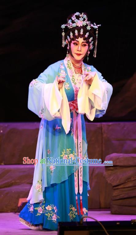 Chinese Cantonese Opera Actress Garment the Legend of Gold Rice Costumes and Headdress Traditional Guangdong Opera Hua Tan Apparels Diva Shi Hua Blue Dress