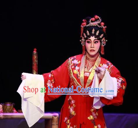 Chinese Cantonese Opera Bride Garment the Legend of Gold Rice Costumes and Headdress Traditional Guangdong Opera Young Female Apparels Diva Shi Hua Red Dress