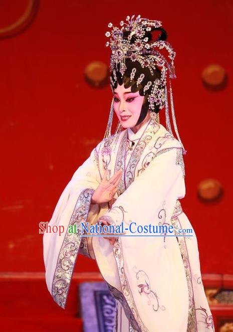 Chinese Cantonese Opera Hua Tan Garment Wu Suo Dong Gong Costumes and Headdress Traditional Guangdong Opera Young Female Apparels Actress Wei Peiniang Dress