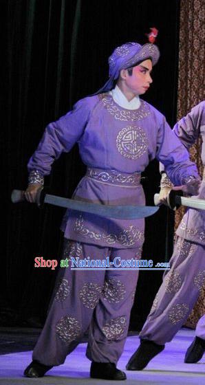 The Sword Chinese Guangdong Opera Wusheng Apparels Costumes and Headwear Traditional Cantonese Opera Soldier Garment Warrior Purple Clothing