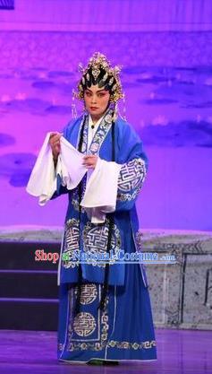 Chinese Cantonese Opera Rich Dame Garment Feng Guan Meng Costumes and Headdress Traditional Guangdong Opera Actress Apparels Mistress Blue Dress