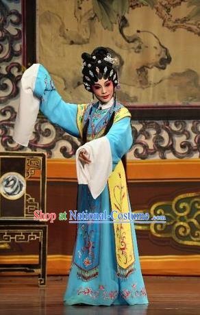 Chinese Cantonese Opera Young Beauty Garment Feng Guan Meng Costumes and Headdress Traditional Guangdong Opera Diva Li Chunniang Apparels Actress Blue Dress