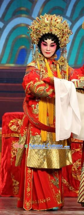 Chinese Cantonese Opera Hua Tan Garment Feng Guan Meng Costumes and Headdress Traditional Guangdong Opera Actress Apparels Bride Li Yue E Red Dress