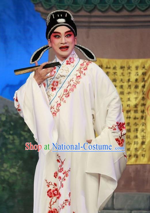 San Kan Yu Mei Chinese Guangdong Opera Scholar Apparels Costumes and Headwear Traditional Cantonese Opera Young Male Garment Childe Feng Jiajin Clothing