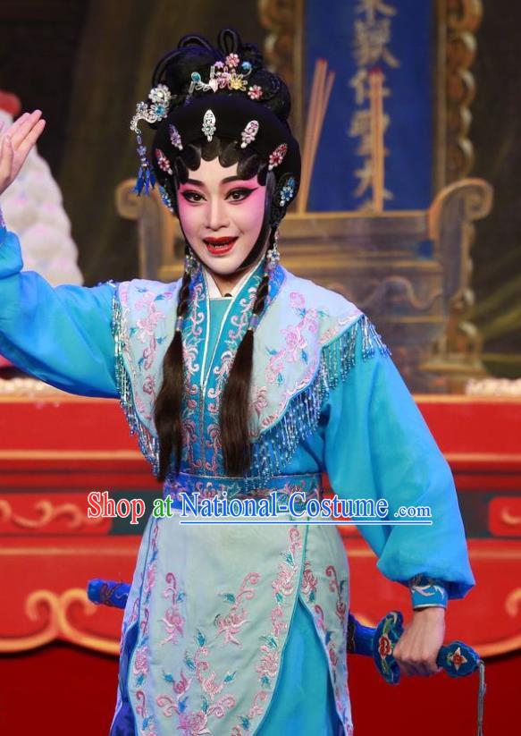 Chinese Cantonese Opera Martial Female Garment San Kan Yu Mei Costumes and Headdress Traditional Guangdong Opera Swordswoman Apparels Wudan Liu Jinding Dress