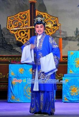 Chinese Cantonese Opera Elderly Female Garment The Sword Costumes and Headdress Traditional Guangdong Opera Dame Apparels Pantaloon Blue Dress