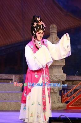 Chinese Cantonese Opera Actress Rosy Garment Nu Chuang Jin Dian Costumes and Headdress Traditional Guangdong Opera Diva Apparels Young Female Dress