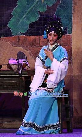 Chinese Cantonese Opera Young Female Garment Costumes and Headdress Traditional Guangdong Opera Actress Apparels Diva Lin Niang Blue Dress