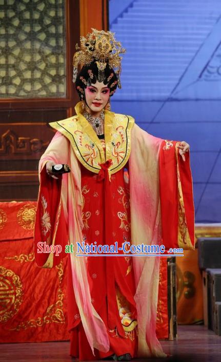 Chinese Cantonese Opera Queen Garment Li Shimin Deng Ji Costumes and Headdress Traditional Guangdong Opera Young Female Apparels Empress Red Dress