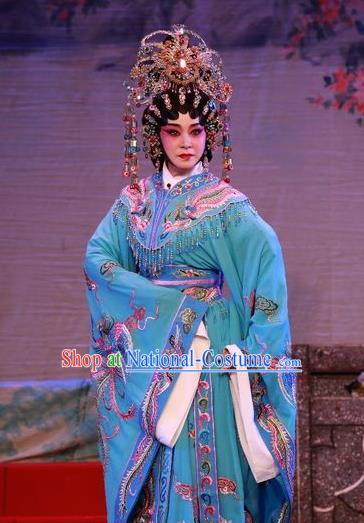 Chinese Cantonese Opera Imperial Consort Garment Dan Jia Nv Costumes and Headdress Traditional Guangdong Opera Hua Tan Apparels Young Female Blue Dress