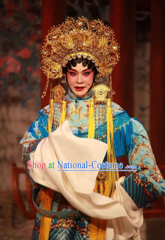 Chinese Cantonese Opera Imperial Empress Garment Dan Jia Nv Costumes and Headdress Traditional Guangdong Opera Hua Tan Apparels Queen Blue Dress