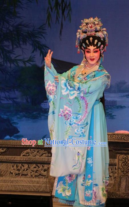 Chinese Cantonese Opera Princess Garment Costumes and Headdress Traditional Guangdong Opera Young Beauty Apparels Hua Tan Blue Dress