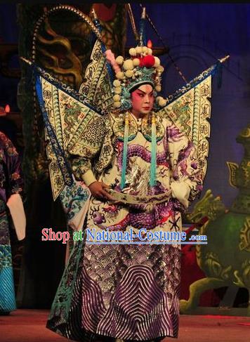 Shi Zou Yan Song Chinese Guangdong Opera General Apparels Costumes and Headwear Traditional Cantonese Opera Military Officer Garment Clothing with Flags