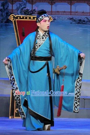 Luo Shui Qing Meng Chinese Guangdong Opera Young Male Apparels Costumes and Headwear Traditional Cantonese Opera Prince Garment Niche Blue Clothing