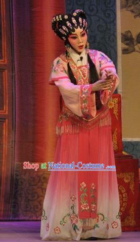 Chinese Cantonese Opera Xiaodan Garment Da Nao Mei Zhi Fu Costumes and Headdress Traditional Guangdong Opera Actress Apparels Young Lady Rosy Dress