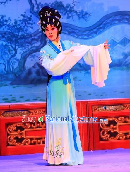 Chinese Cantonese Opera Diva Li Qianniang Garment Xu Jiujing Costumes and Headdress Traditional Guangdong Opera Actress Apparels Hua Tan Blue Dress