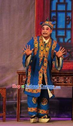 Unhappy Marriage Chinese Guangdong Opera Clown Apparels Costumes and Headwear Traditional Cantonese Opera Landlord Garment Blue Clothing