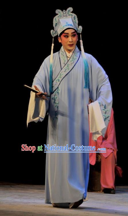 Lou Tai Hui Chinese Guangdong Opera Liang Shanbo Apparels Costumes and Headwear Traditional Cantonese Opera Young Male Garment Scholar Blue Robe Clothing