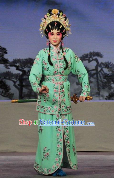 Chinese Cantonese Opera Martial Female Garment Fan Lihua Return Tang Costumes and Headdress Traditional Guangdong Opera Wudan Apparels Swordswoman Green Dress