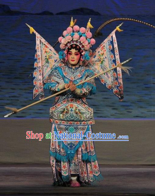 Chinese Cantonese Opera Female General Garment Fan Lihua Return Tang Costumes and Headdress Traditional Guangdong Opera Tao Ma Tan Apparels Dress with Flags