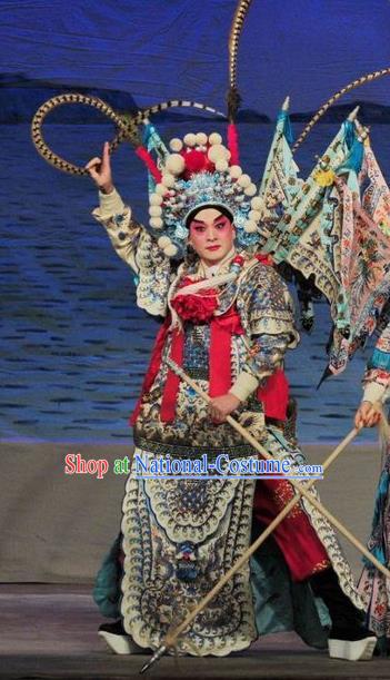 Fan Lihua Return Tang Chinese Guangdong Opera General Xue Dingshan Apparels Costumes and Headwear Traditional Cantonese Opera Shogun Garment Kao Clothing with Flags