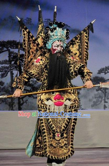 Fan Lihua Return Tang Chinese Guangdong Opera Armor Apparels Costumes and Headwear Traditional Cantonese Opera General Garment Black Kao Clothing with Flags