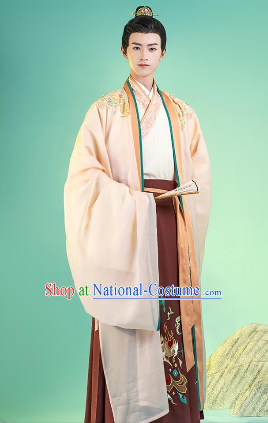 Asian Chinese Traditional Song Dynasty Nobility Childe Hanfu Apparels Ancient Prince Historical Costumes Cape Blouse and Skirt Full Set for Men