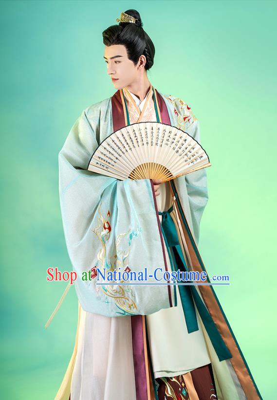 Asian Chinese Traditional Song Dynasty Royal Prince Hanfu Apparels Ancient Nobility Childe Historical Costumes Embroidered Cape Shirt and Skirt Complete Set for Men