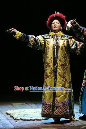 Chinese Historical Drama Da Song Yu Shi Ancient Queen Garment Costumes Traditional Stage Show Dress Qing Dynasty Empress Dowager Cixi Apparels and Headpieces