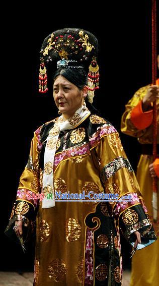 Chinese Historical Drama Ancient Empress Dowager Cixi Garment Costumes Traditional Stage Show Dress Qing Dynasty Queen Mother Apparels and Headpieces