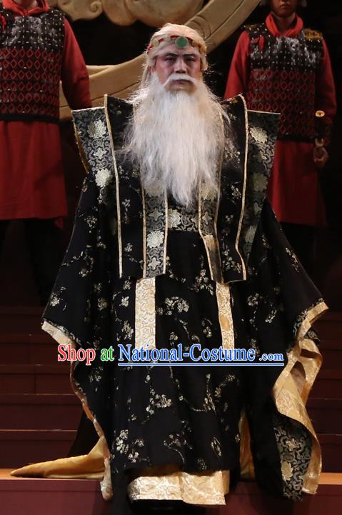 Chinese Traditional Han Dynasty Duke Zhao Tuo Clothing Stage Performance Historical Drama King of Nanyue Elderly Male Apparels Costumes Ancient Lord Black Garment and Headwear