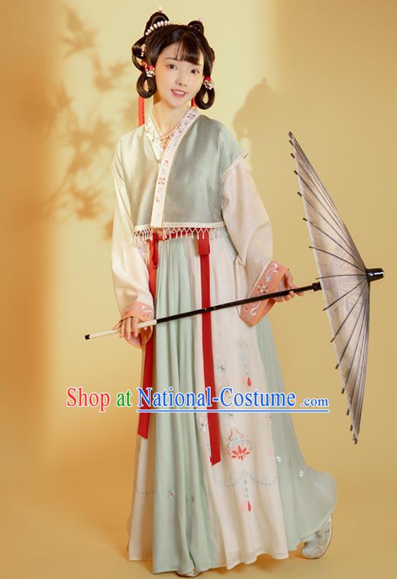 Top Chinese Traditional Tang Dynasty Young Lady Hanfu Apparels Ancient Village Girl Historical Costumes Half Sleeved Garment Blouse and Skirt Full Set