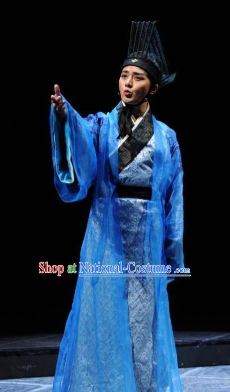 Chinese Traditional Han Dynasty Young Male Clothing Stage Performance Historical Drama Sima Qian Apparels Costumes Ancient Official Blue Garment and Headwear