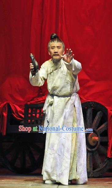 Chinese Traditional Qin Dynasty Elderly Scholar Clothing Stage Performance Historical Drama Fu Sheng Apparels Costumes Ancient Academic Garment and Headwear