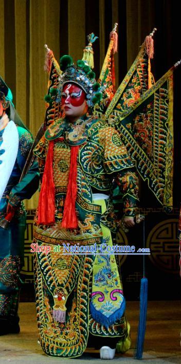 Tie Long Mount Chinese Sichuan Opera General Kao Apparels Costumes and Headpieces Peking Opera Highlights Soldier Garment Armor Clothing with Flags