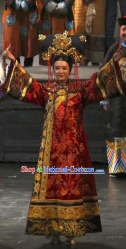 Chinese Historical Drama Yangshi Lei Ancient Empress Garment Costumes Traditional Stage Show Dress Qing Dynasty Court Queen Cixi Red Apparels and Headpieces