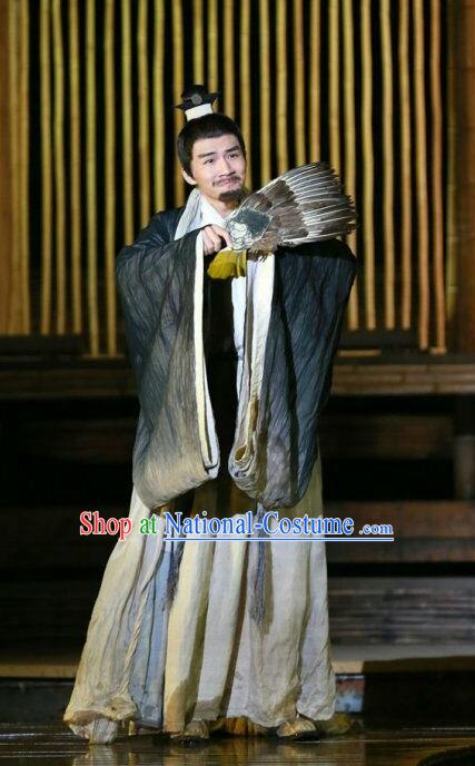 Chinese Traditional Three Kingdoms Period Strategist Clothing Stage Performance Historical Drama The Legend of Zhuge Liang Apparels Costumes Ancient Adviser Garment and Headwear