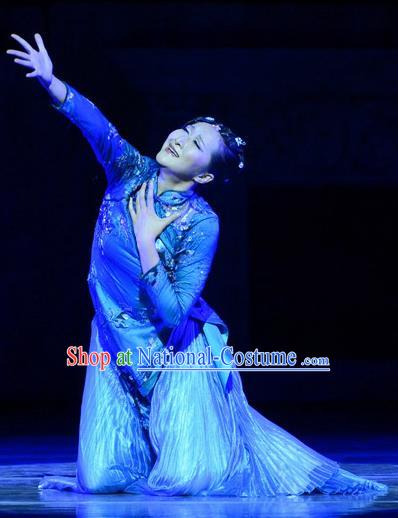 Chinese Dance Drama The Clay Figurine Young Lady Garment Costumes Traditional Stage Show Dress Qi Yangliu Blue Apparels and Headpieces