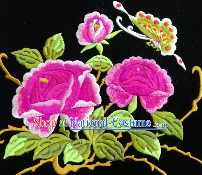 Chinese Traditional Embroidered Rosy Peony Butterfly Pattern Cloth Patch Decoration Embroidery Craft Embroidered Accessories