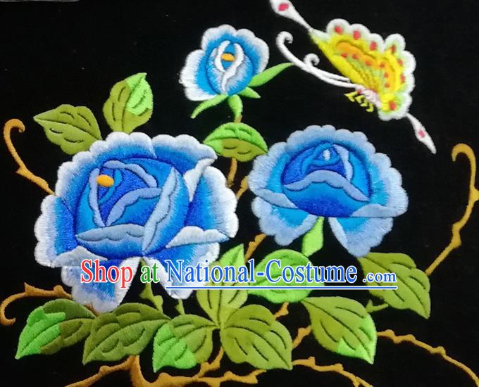 Chinese Traditional Embroidered Blue Peony Butterfly Pattern Cloth Patch Decoration Embroidery Craft Embroidered Accessories