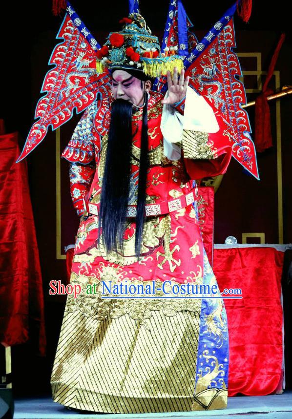 Yang He Tang Chinese Sichuan Opera General Xue Dingshan Kao Apparels Costumes and Headpieces Peking Opera Highlights Red Armor Garment Clothing with Flags