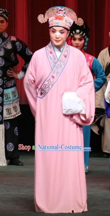 Chinese Sichuan Opera Scholar Qiao Xi Apparels Costumes and Headpieces Peking Opera Highlights Young Male Garment Xiaosheng Pink Robe Clothing