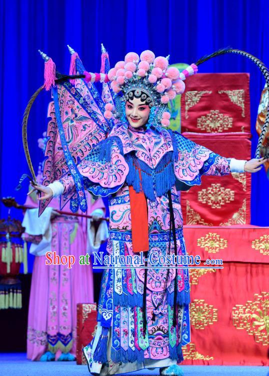 Chinese Sichuan Opera Highlights Tao Ma Tan Garment Costumes and Headdress Bei Mang Mountain Traditional Peking Opera Martial Female Dress Pink Kao Apparels with Flags