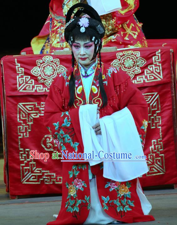 Chinese Sichuan Opera Highlights Diva Qian Suyun Garment Costumes and Headdress En Chou Ji Traditional Peking Opera Hua Tan Red Dress Actress Apparels