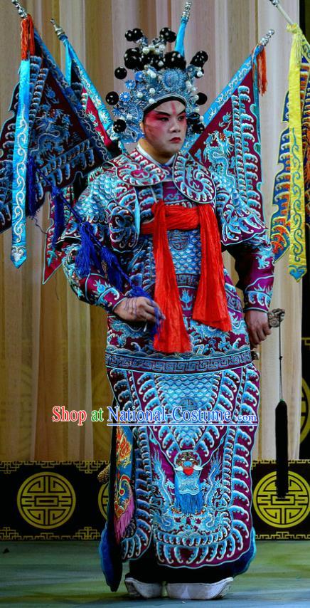 Da Hu Shou Xiao Chinese Sichuan Opera General Kao Apparels Costumes and Headpieces Peking Opera Highlights Purple Armor Garment Clothing with Flags