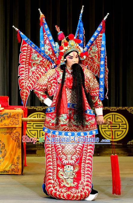 Zhan Huang Pao Chinese Sichuan Opera General Red Kao Apparels Costumes and Headpieces Peking Opera Highlights Military Officer Garment Zheng Ziming Clothing with Flags